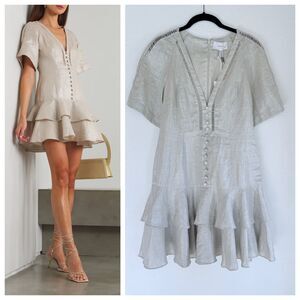 NWT Joslin Gwen Lattice Trim Ruffle Metallic Linen Mini Dress in White Gold Sz 6